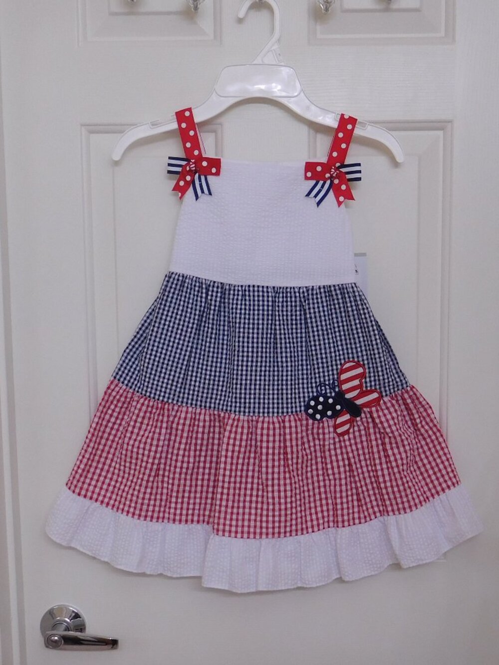 NWT Emily Rose White Red Navy Gingham Dress Dot & Stripe Trim Butterfly sz 6
